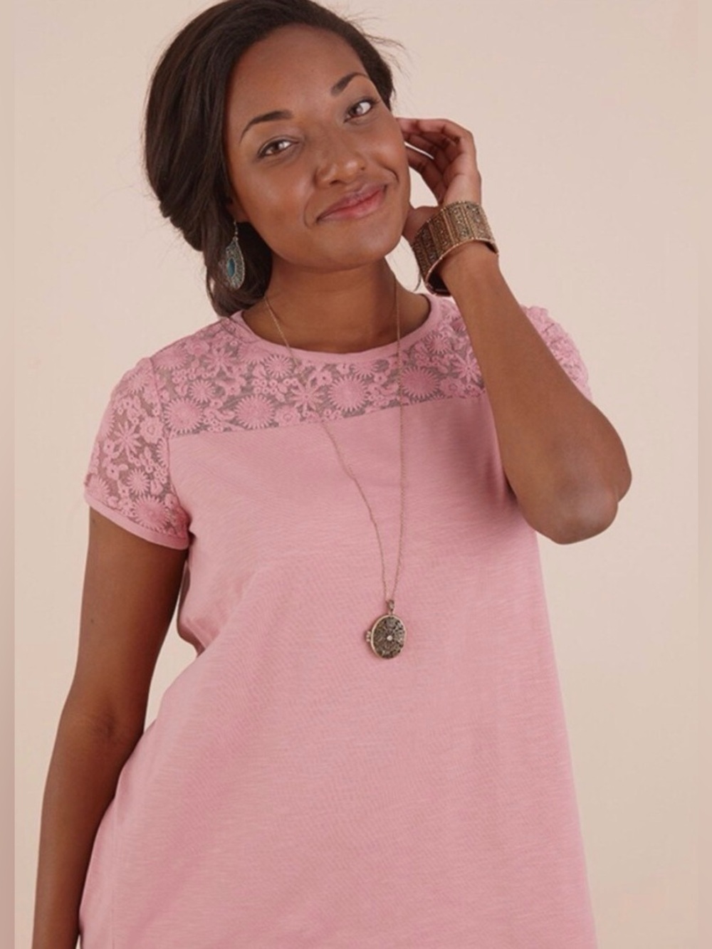 Matilda Jane Lory Top NWT Pink Floral Lace Yoke Short Sleeve Blouse Medium
